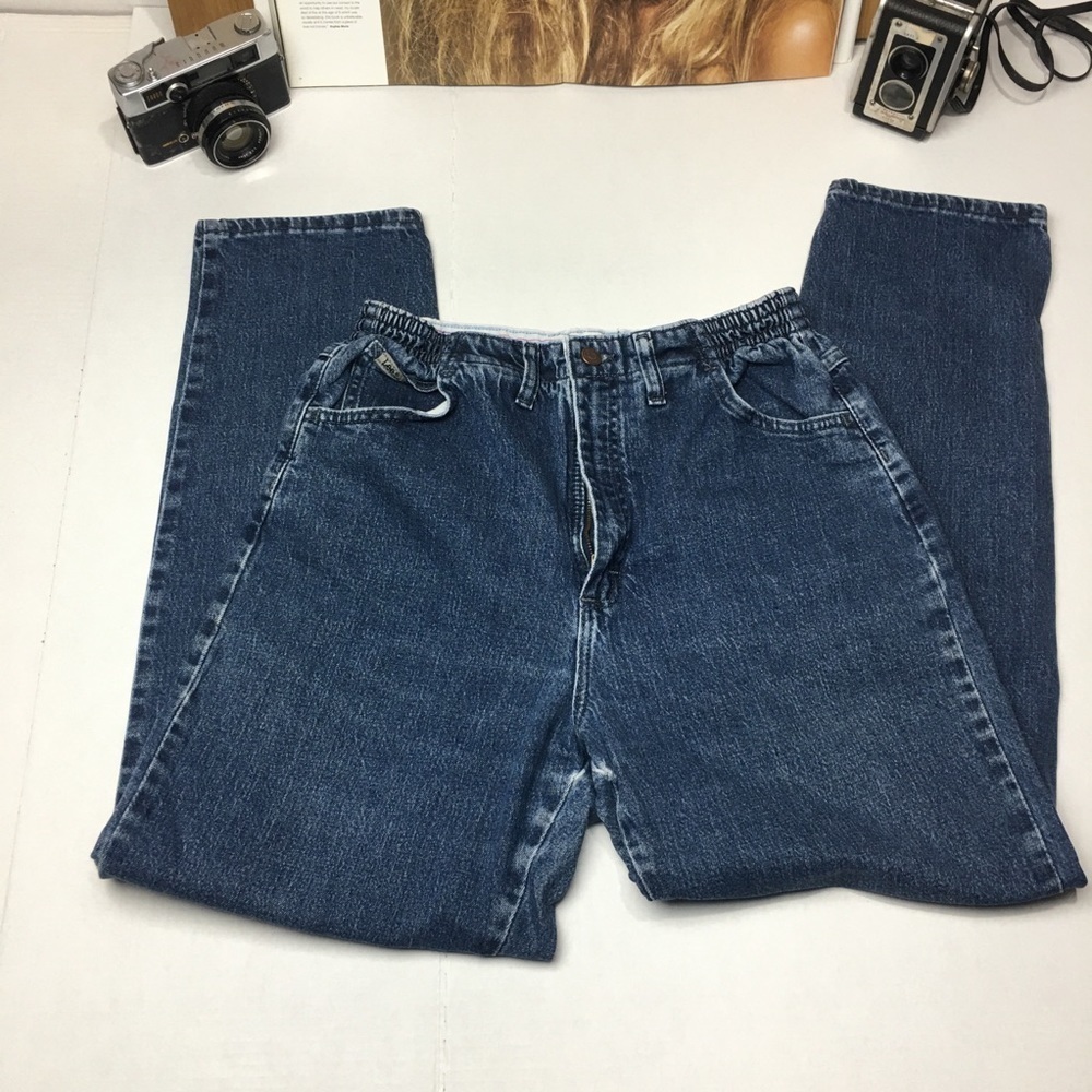 Lee Vintage 90s Y2K Side Elastic Jeans Size 10 High Rise Mom Tapered Dark Wash